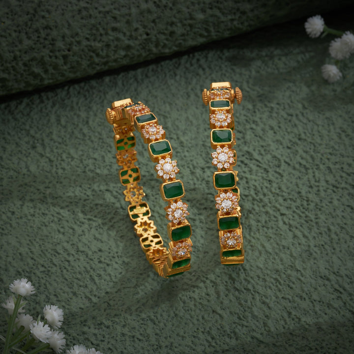 92.5 Silver, 24kt Gold Polish Green Petal Stone Bangles | SHOBITAM