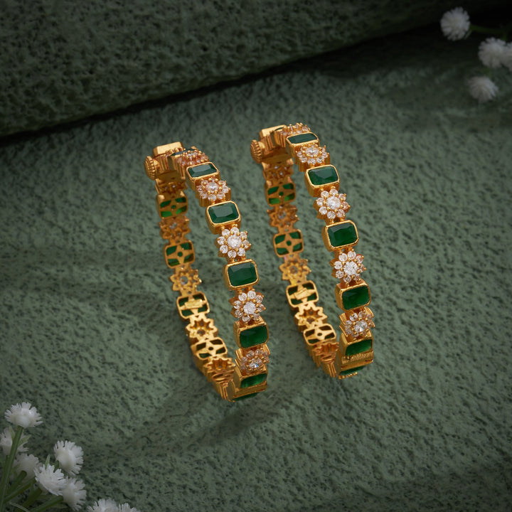 92.5 Silver, 24kt Gold Polish Green Petal Stone Bangles | SHOBITAM