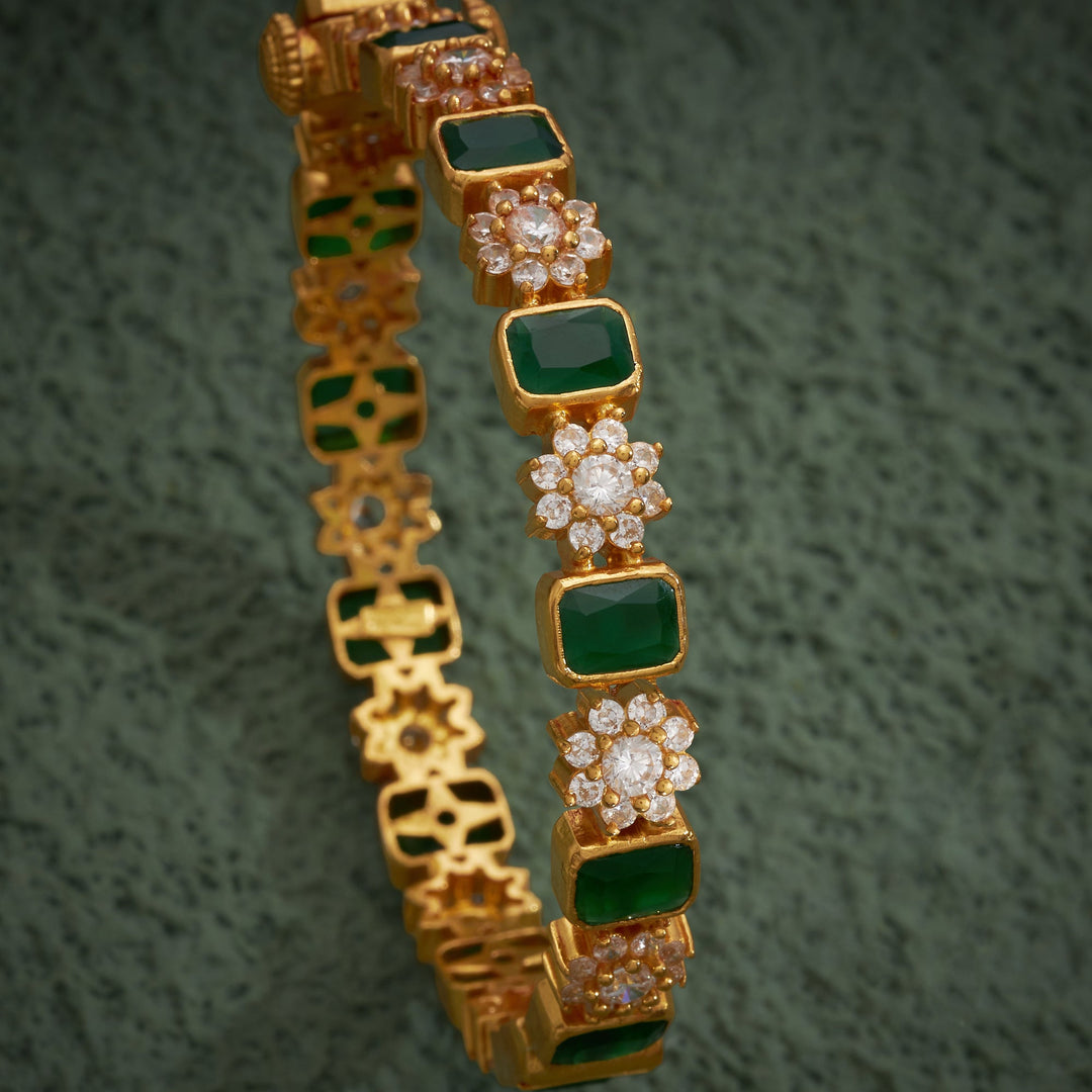 92.5 Silver, 24kt Gold Polish Green Petal Stone Bangles | SHOBITAM