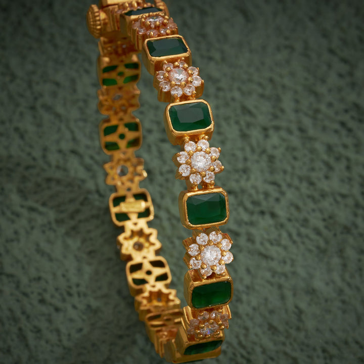 92.5 Silver, 24kt Gold Polish Green Petal Stone Bangles | SHOBITAM