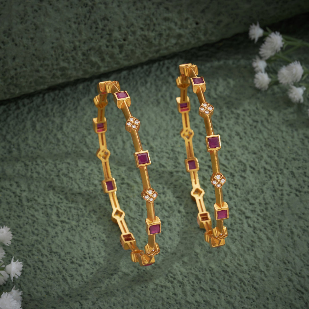 92.5 Silver, 24kt Gold Polish Square-Rosy Stone Bangles | SHOBITAM
