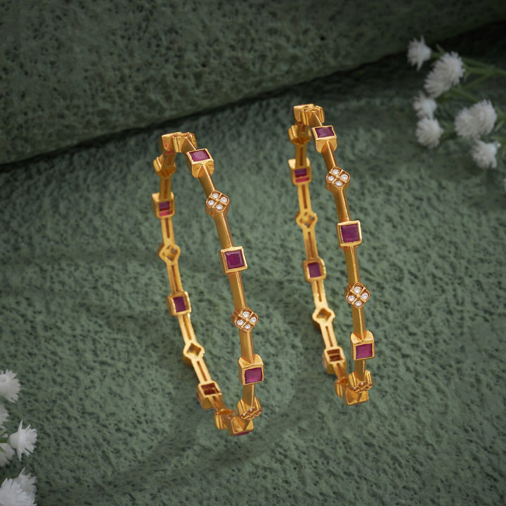 92.5 Silver, 24kt Gold Polish Square-Rosy Stone Bangles | SHOBITAM
