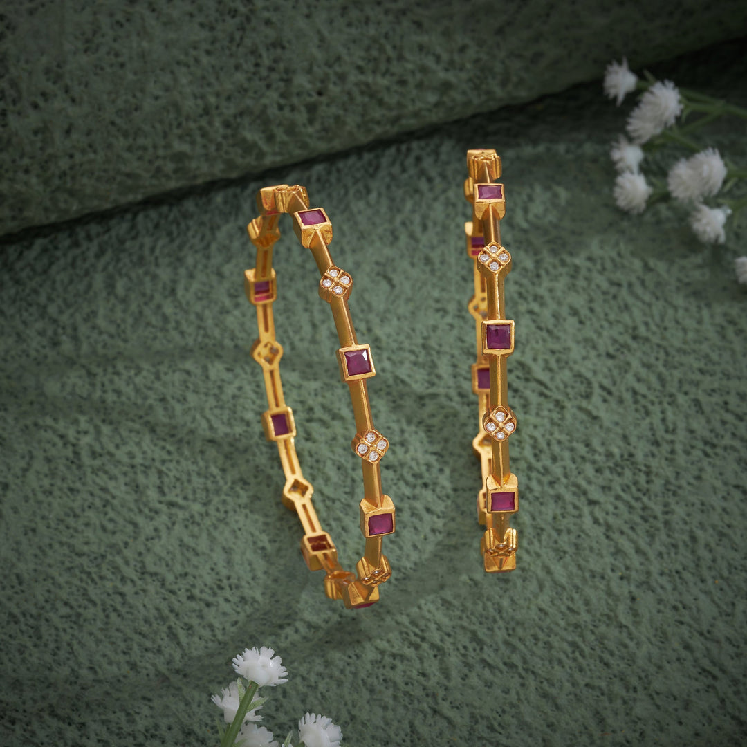 92.5 Silver, 24kt Gold Polish Square-Rosy Stone Bangles | SHOBITAM