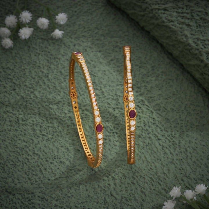 92.5 Silver, 24kt Gold Polish Oval-Rosy Stone Bangles | SHOBITAM