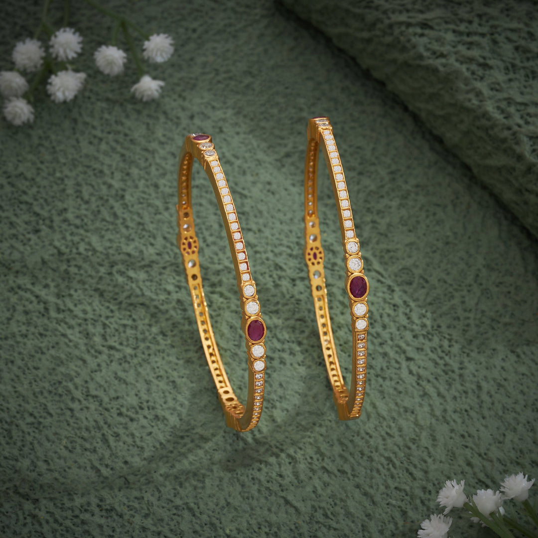 92.5 Silver, 24kt Gold Polish Oval-Rosy Stone Bangles | SHOBITAM