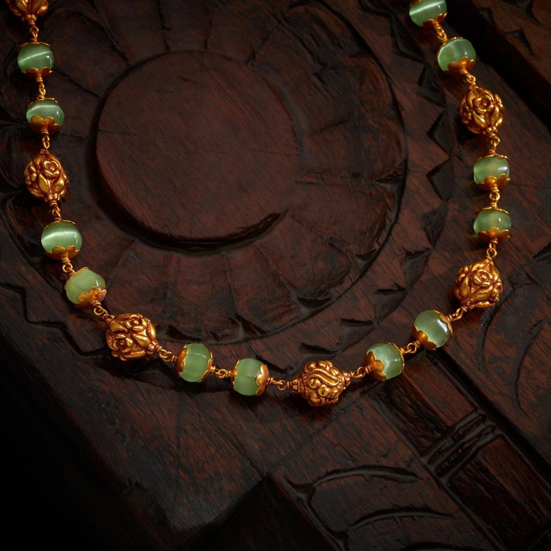 92.5 Silver, 24kt Gold Polish Mint-Pearl Antique Mala |SHOBITAM