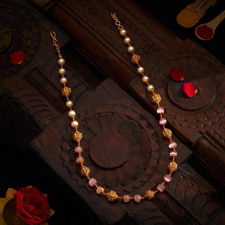 92.5 Silver, 24kt Gold Polis Pink Beaded Antique Mala | SHOBITAM