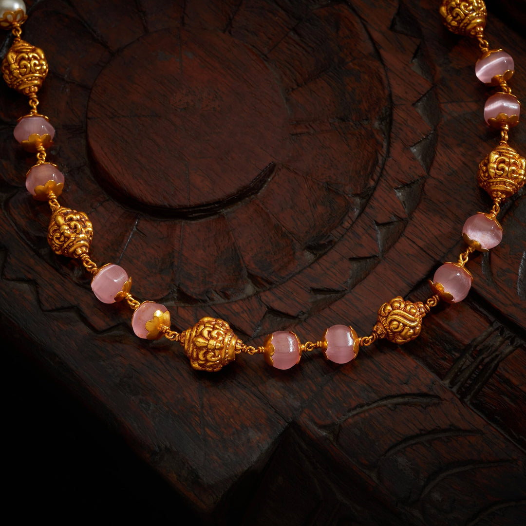 92.5 Silver, 24kt Gold Polis Pink Beaded Antique Mala | SHOBITAM