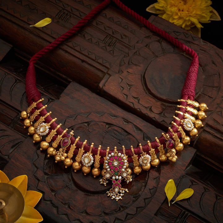 92.5 Silver,Gold Plated Pushpratna Antique Choker | SHOBITAM