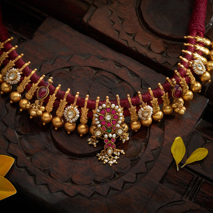 92.5 Silver,Gold Plated Pushpratna Antique Choker | SHOBITAM