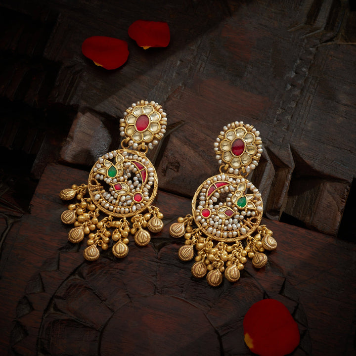 92.5 Silver,Gold Plated Moti-Phool Kundan Danglers|SHOBITAM