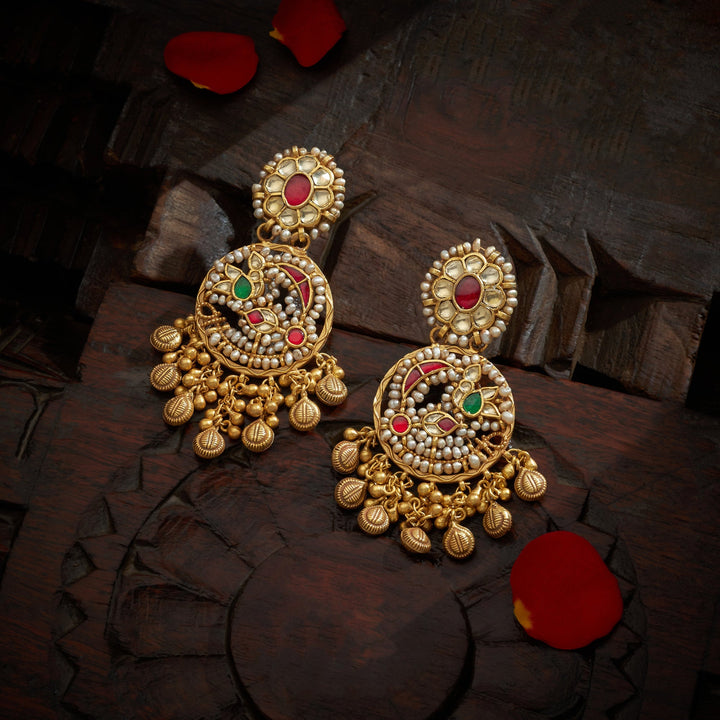 92.5 Silver,Gold Plated Moti-Phool Kundan Danglers|SHOBITAM