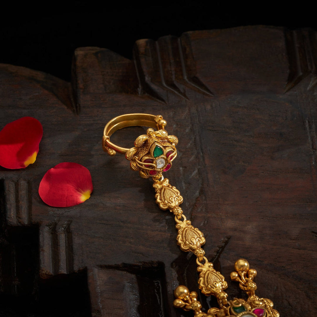 92.5 Silver, 24kt Gold Polish Kusum Antique Haath Phool | SHOBITAM