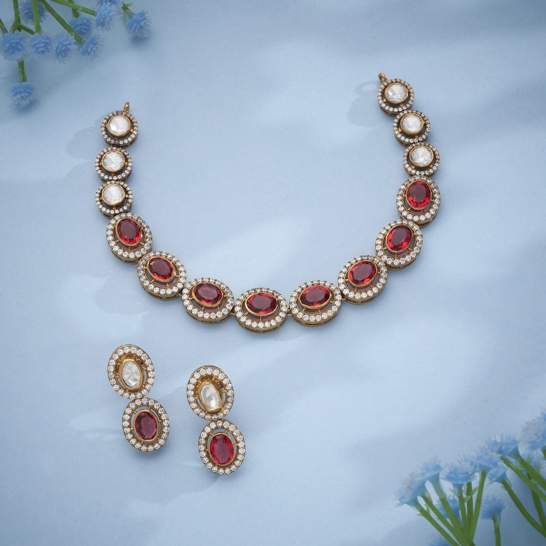 92.5 Silver, 24kt Gold Polish Manikaara Victorian Necklace Set | SHOBITAM