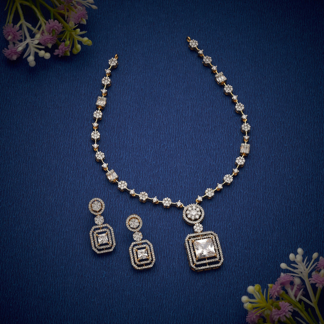 92.5 Silver, 24kt Gold Polish Ember Gold CZ Necklace Set | SHOBITAM