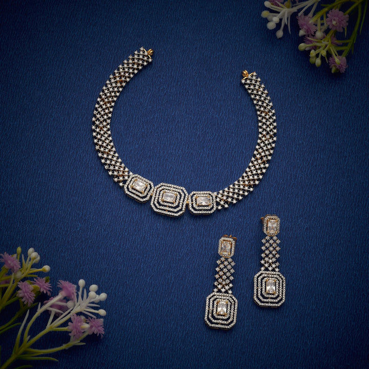 92.5 Silver, 24kt Gold Polish Zariya Luxe CZ Necklace Set | SHOBITAM