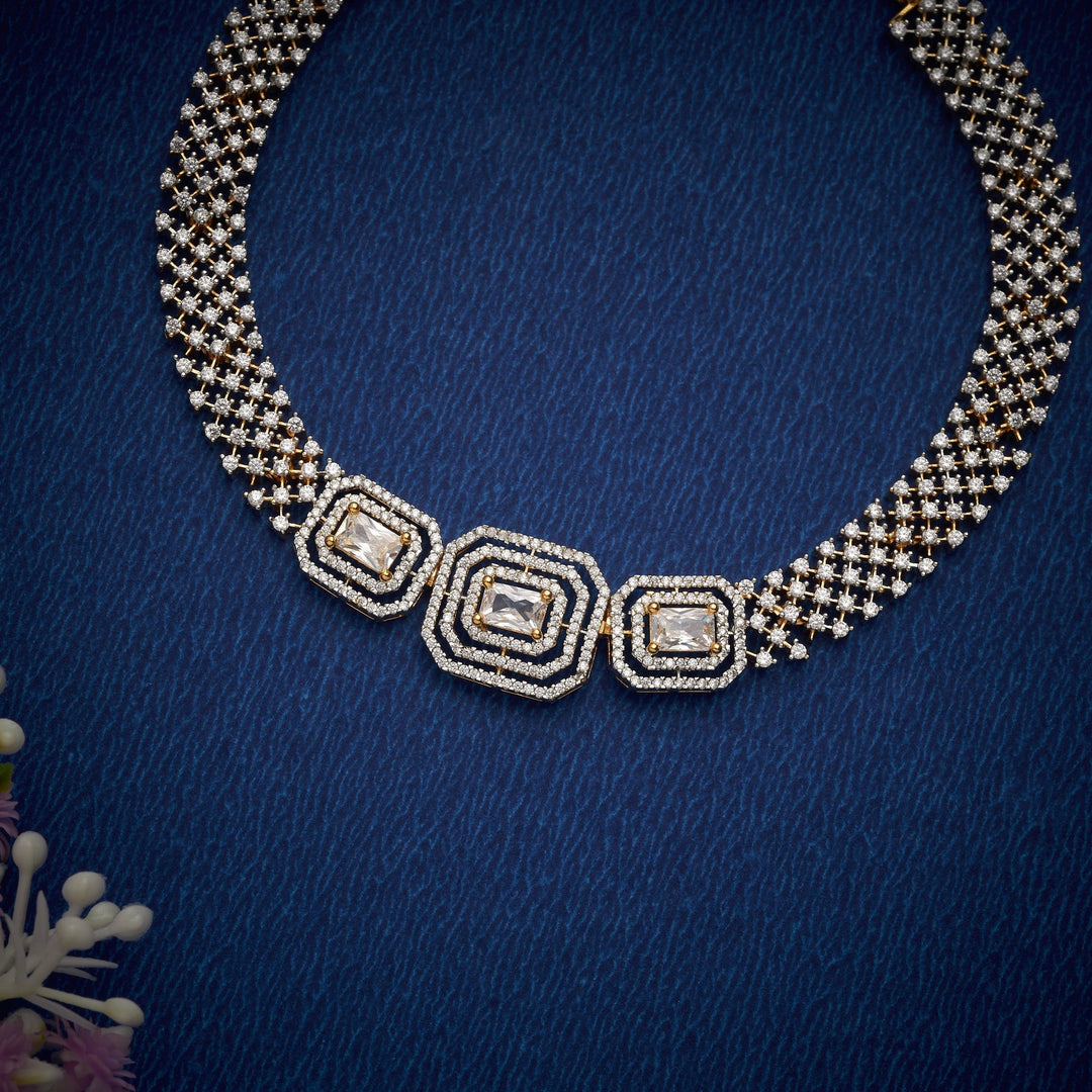 92.5 Silver, 24kt Gold Polish Zariya Luxe CZ Necklace Set | SHOBITAM