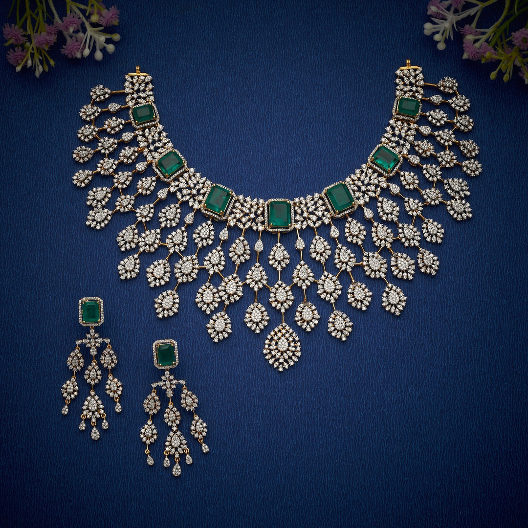 92.5 Silver, 24kt Gold Polish Crowned Carats CZ Necklace Set | SHOBITAM