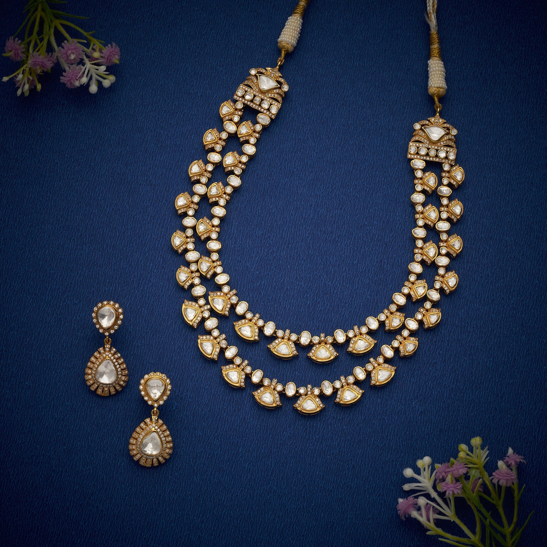 92.5 Silver, 24kt Gold Polish Suvarna Moissanite Necklace Set | SHOBITAM