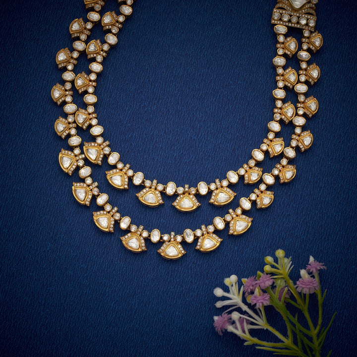 92.5 Silver, 24kt Gold Polish Suvarna Moissanite Necklace Set | SHOBITAM