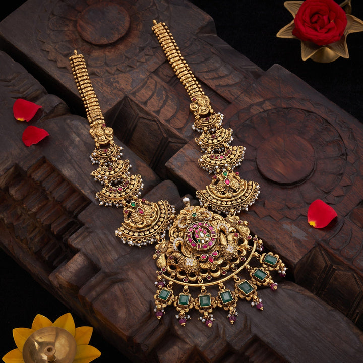 92.5 Silver, 24ktGold Plated, Mayuravalli Nakshi Necklace | SHOBITAM