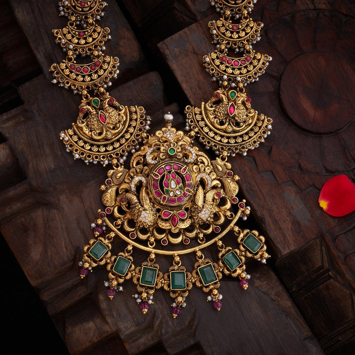 92.5 Silver, 24ktGold Plated, Mayuravalli Nakshi Necklace | SHOBITAM