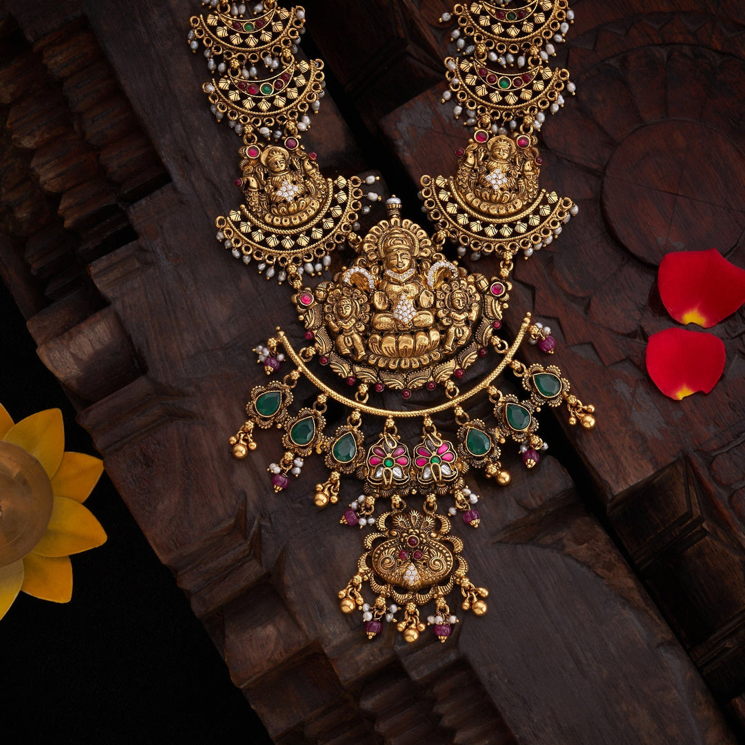 92.5 Silver, 24ktGold Plated, Tejasvini Temple Necklace | SHOBITAM