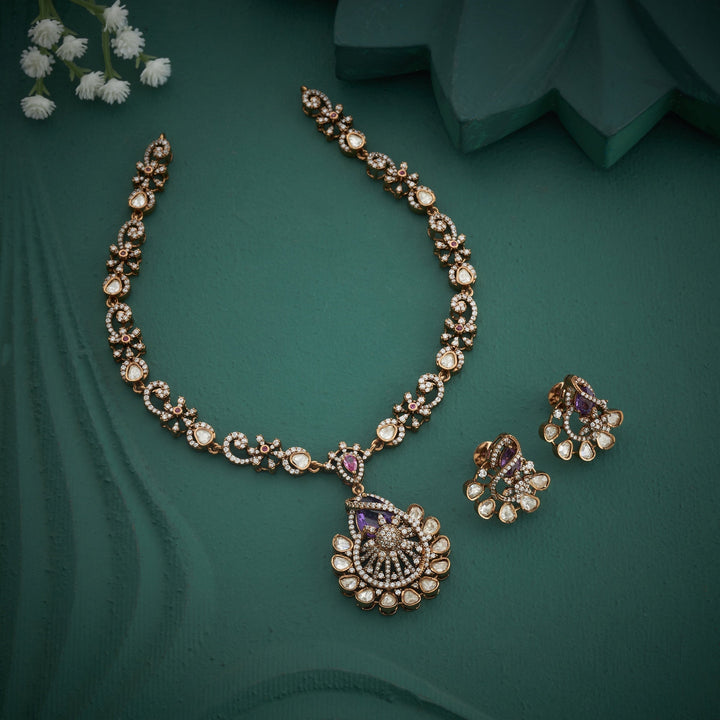 92.5 Silver, 24ktGold Plated, Kanvitha Victorian Necklace Set | SHOBITAM