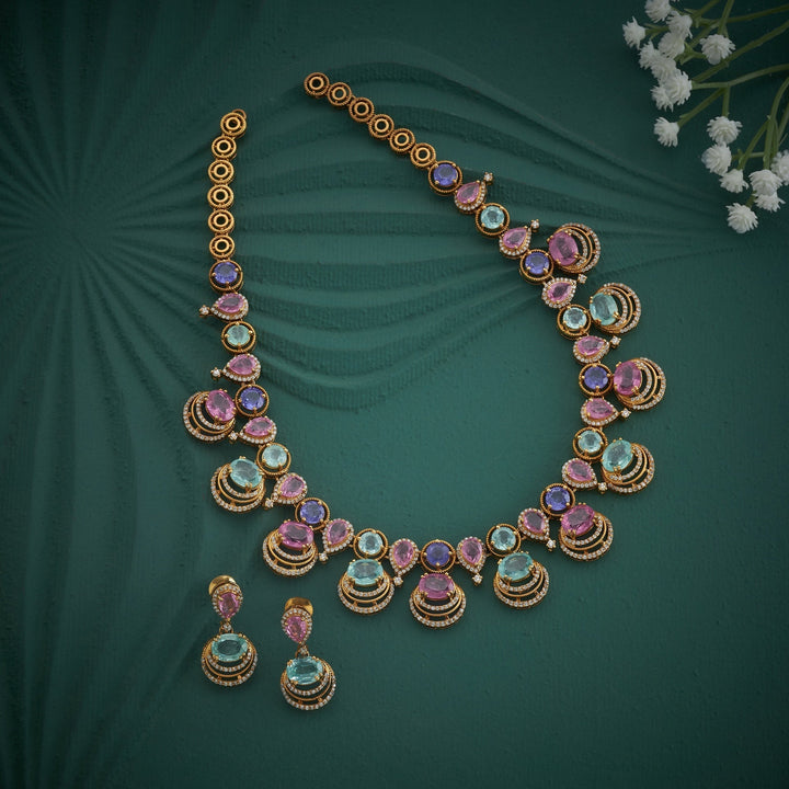 92.5 Silver, Gold Plated, Ovala Victorian Necklace Set | SHOBITAM
