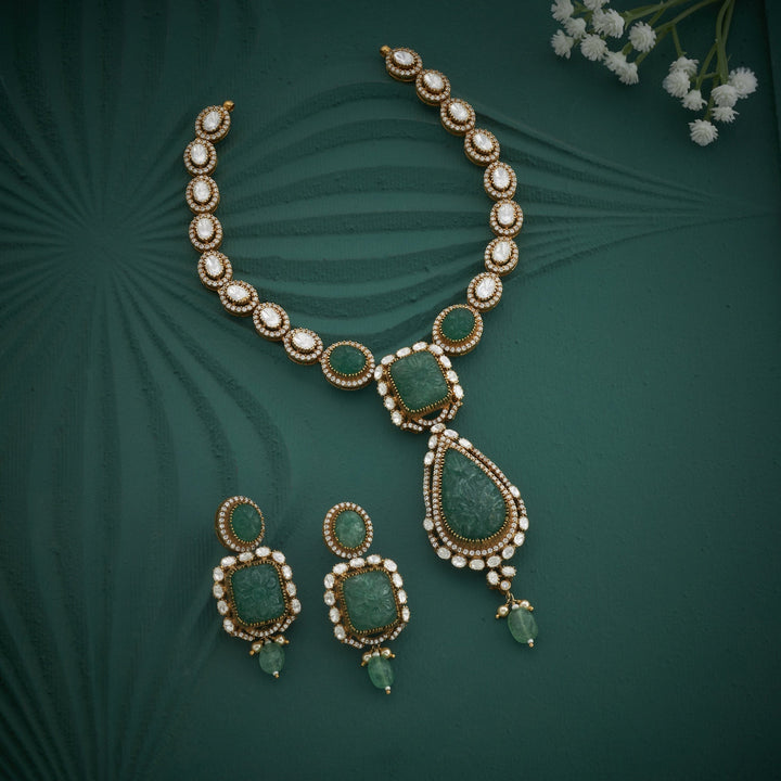 92.5 Silver, Gold Plated, Carved-Emerald Victorian Necklace Set | SHOBITAM