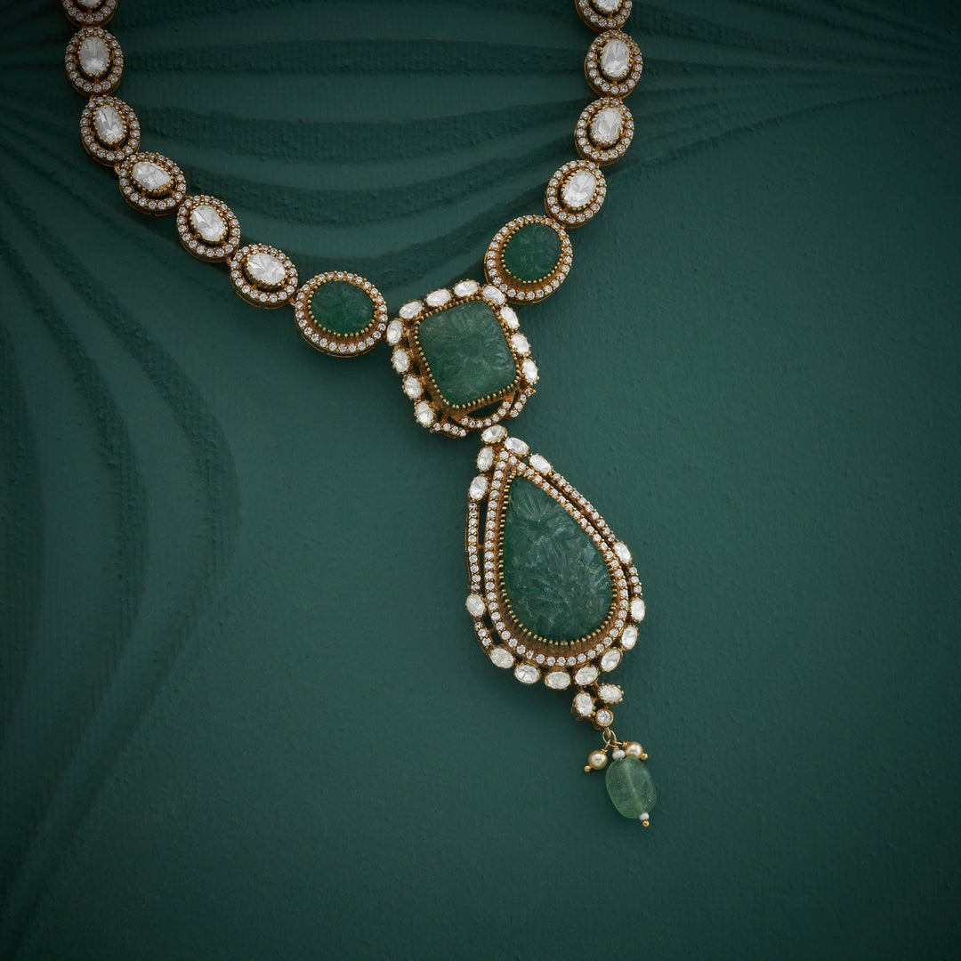 92.5 Silver, Gold Plated, Carved-Emerald Victorian Necklace Set | SHOBITAM