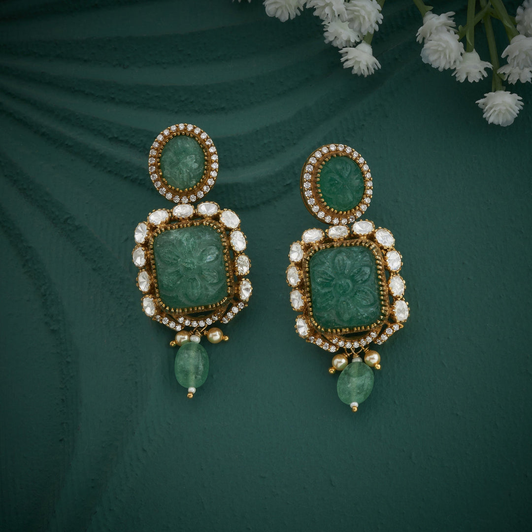 92.5 Silver, Gold Plated, Carved-Emerald Victorian Necklace Set | SHOBITAM