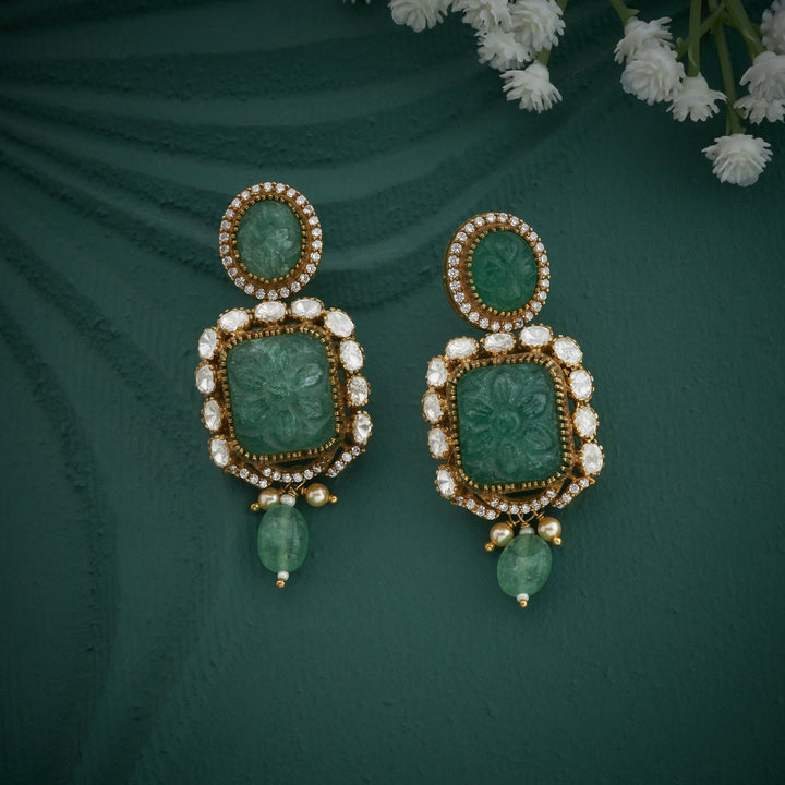 92.5 Silver, Gold Plated, Carved-Emerald Victorian Necklace Set | SHOBITAM