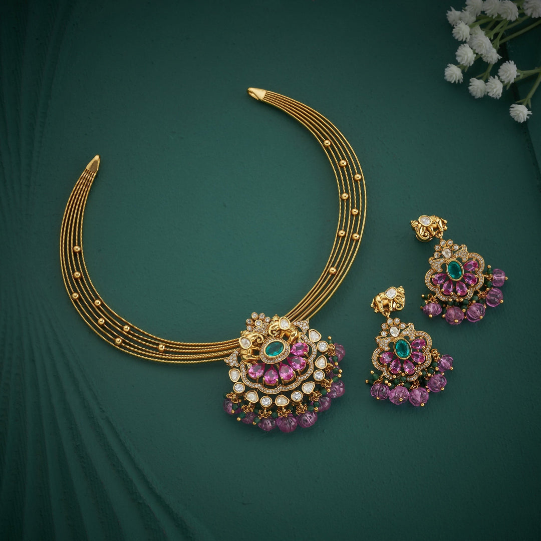 92.5 Silver, Gold Plated, Polki Kanthi Necklace Set | SHOBITAM