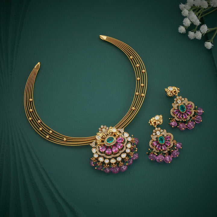 92.5 Silver, Gold Plated, Polki Kanthi Necklace Set | SHOBITAM