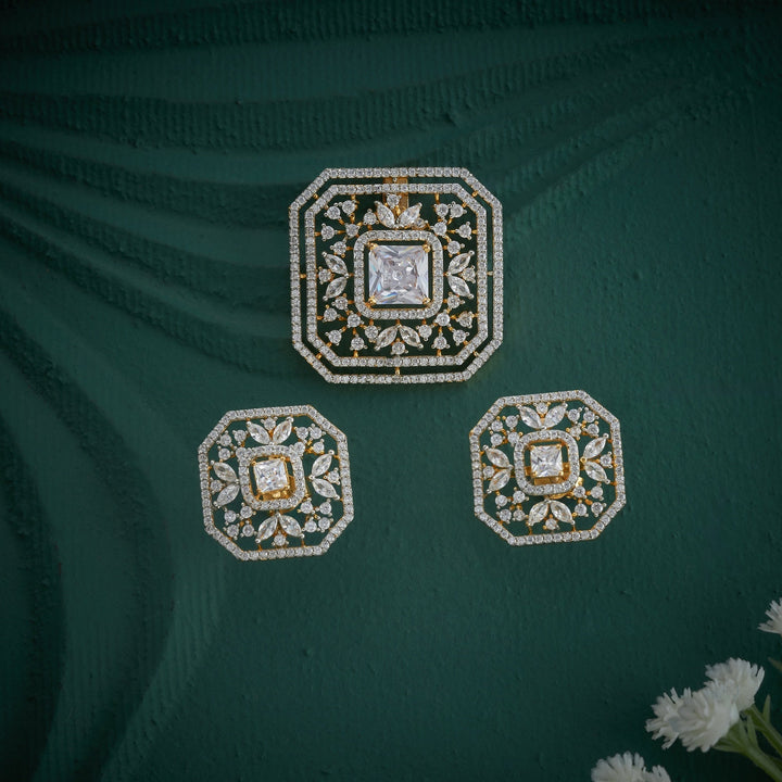 92.5 Silver, 24kt Gold Plated, Aristia CZ Pendant Set | SHOBITAM