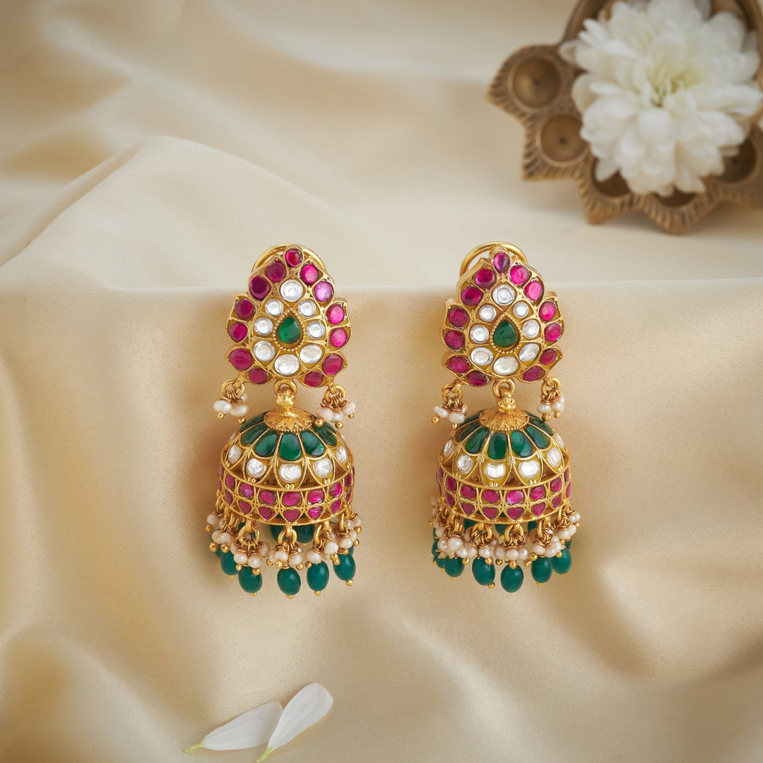 92.5 Silver, Gold Plated Pear-Kusum Kundan Jhumki | SHOBITAM