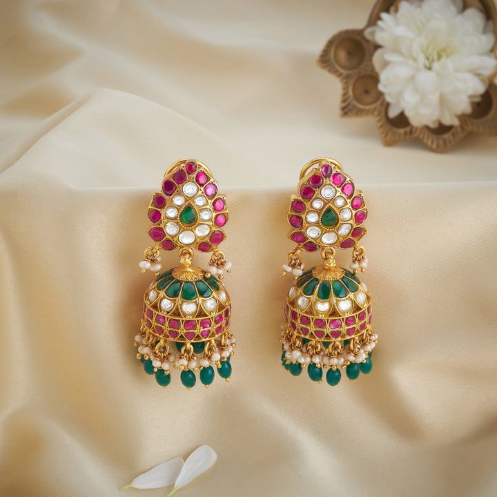 92.5 Silver, Gold Plated Pear-Kusum Kundan Jhumki | SHOBITAM