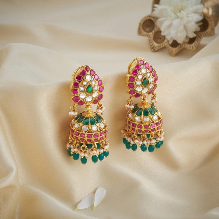 92.5 Silver, Gold Plated Pear-Kusum Kundan Jhumki | SHOBITAM