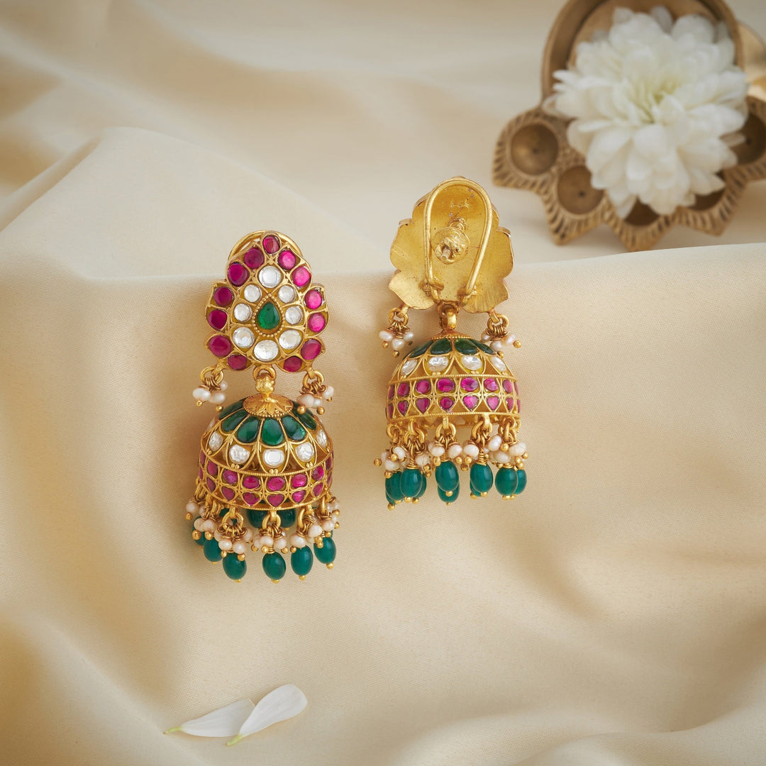 92.5 Silver, Gold Plated Pear-Kusum Kundan Jhumki | SHOBITAM