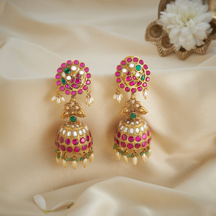 92.5 Silver, 24kt Gold Polish Hamsira Kundan Jhumki | SHOBITAM