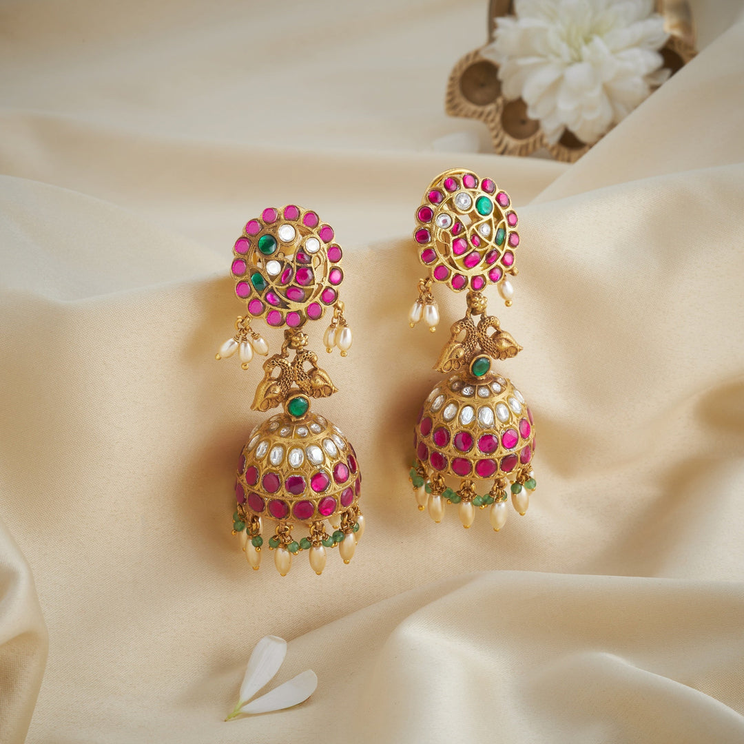 92.5 Silver, 24kt Gold Polish Hamsira Kundan Jhumki | SHOBITAM