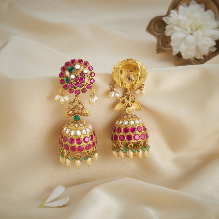 92.5 Silver, 24kt Gold Polish Hamsira Kundan Jhumki | SHOBITAM