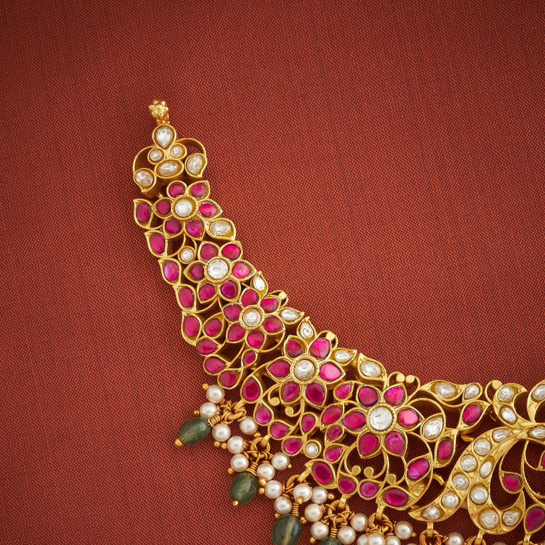 Pure 92.5 Silver, Gold Plated Mor-Floralika Kundan Necklace | SHOBITAM