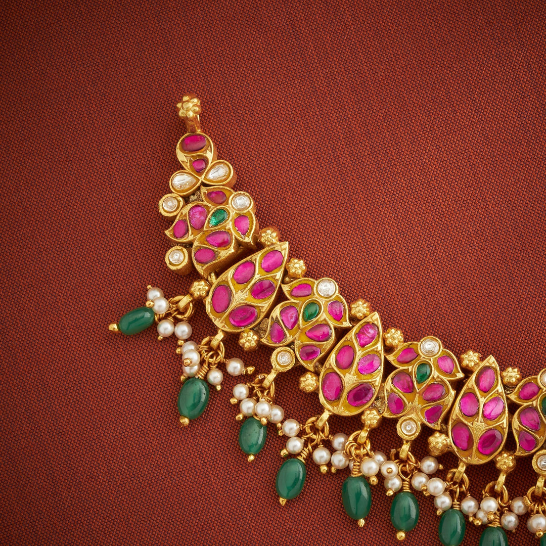 92.5 Silver, Gold Plated Rajmor Kundan Necklace | SHOBITAM