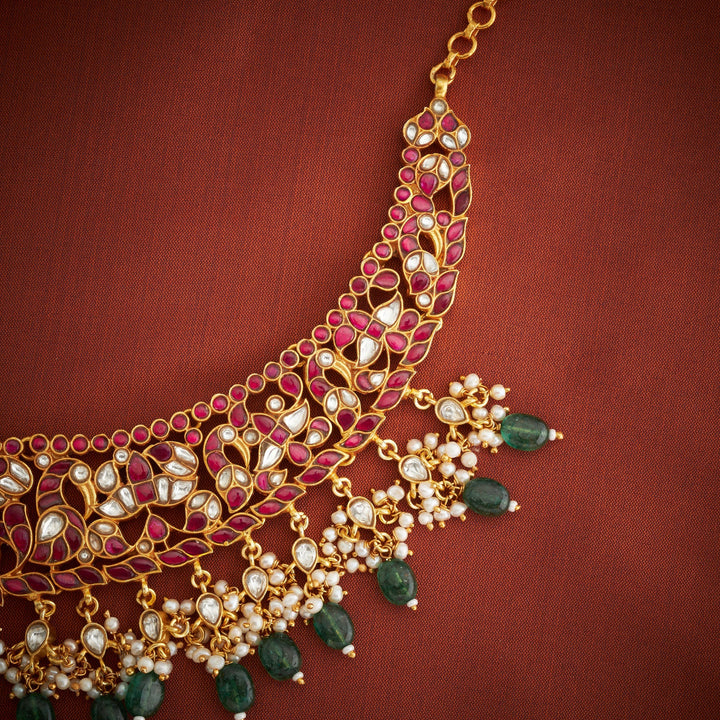 Pure 92.5 Silver, Gold Plated Hamsa-Phool Kundan Necklace | SHOBITAM