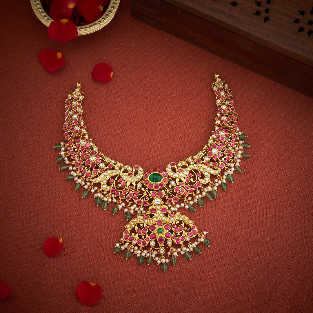 Pure 92.5 Silver, Gold Plated Mor-Floralika Kundan Necklace | SHOBITAM