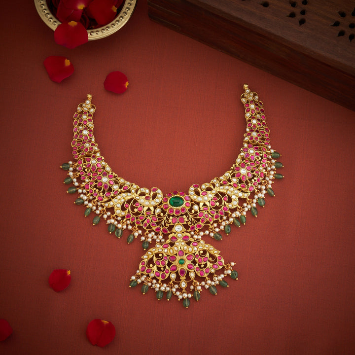 Pure 92.5 Silver, Gold Plated Mor-Floralika Kundan Necklace | SHOBITAM