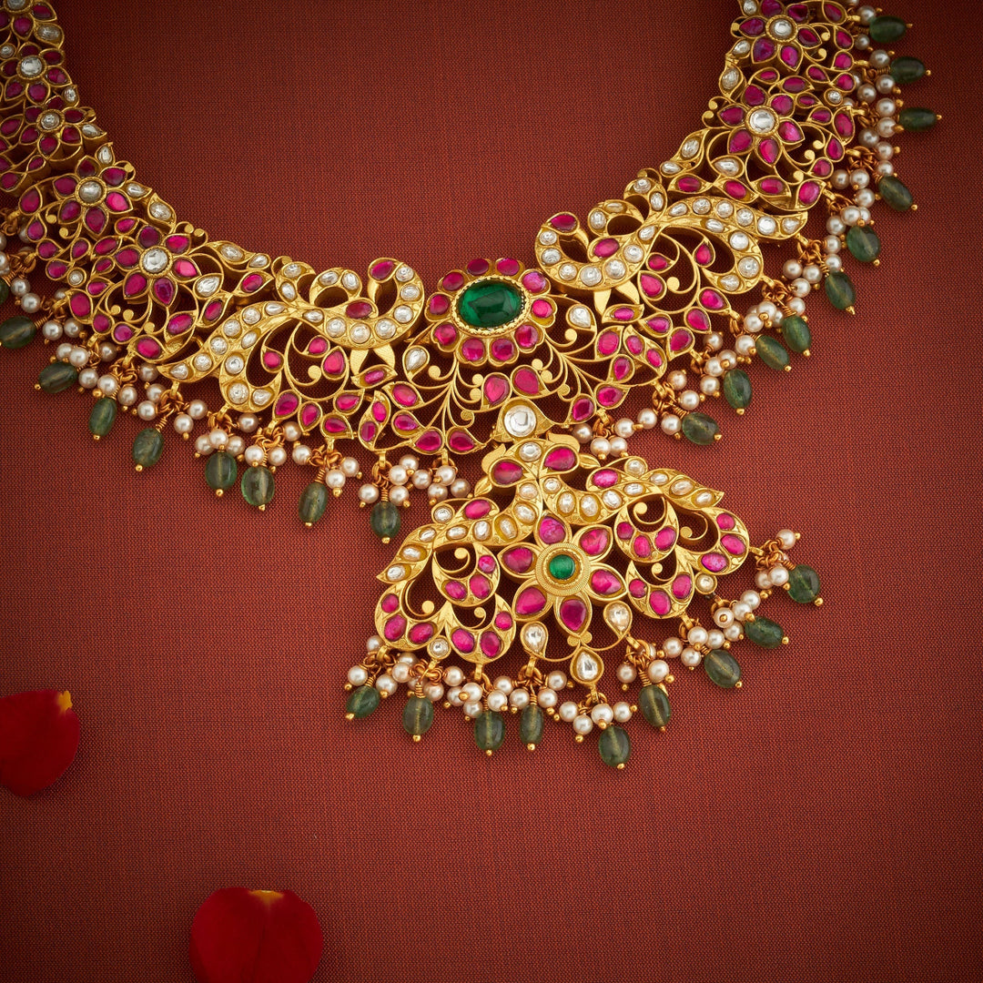 Pure 92.5 Silver, Gold Plated Mor-Floralika Kundan Necklace | SHOBITAM