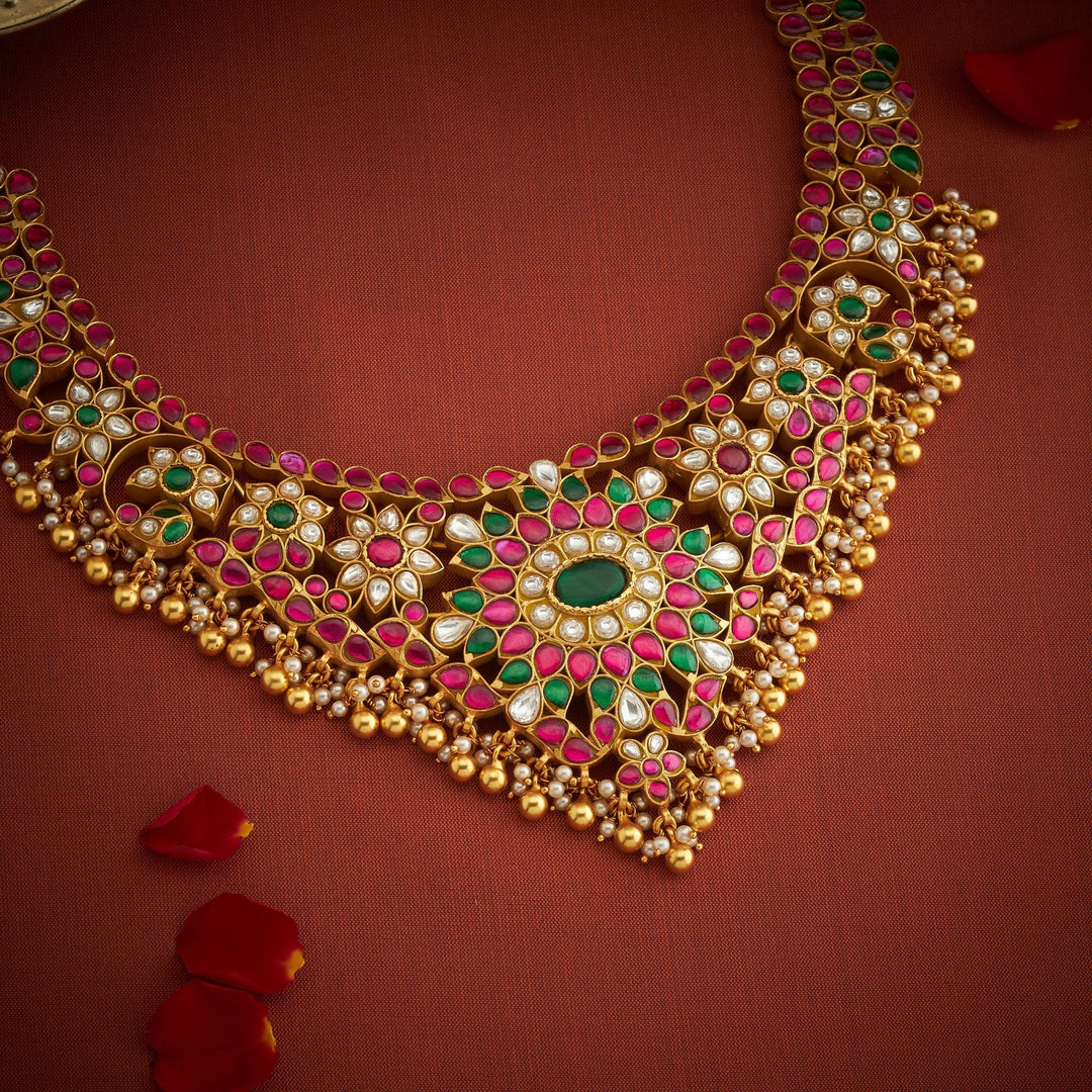 Pure 92.5 Silver, Gold Plated Padmisha Kundan Necklace | SHOBITAM